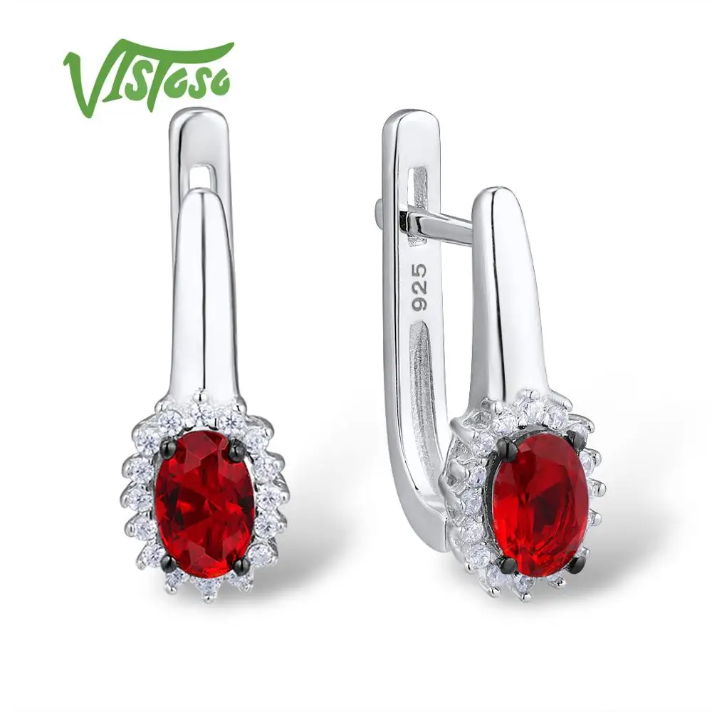 

VISTOSO Stud Earrings Fine Jewelry Red Crystal Round White Cubic Zircon High Quality Fine Stud Earrings 2018 For Women