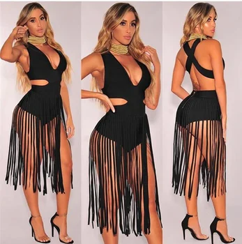 

2017 Fashion Women Dress Sleeveless Black Pink Tassel V Neck Bandage Dress Hot Sale