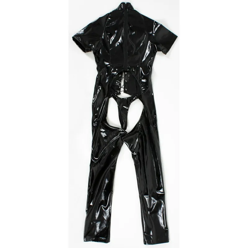 Сексуальные женщины искусственная кожа Bodycon комбинезон в стиле фетиш черный ПВХ боди открытый промежность на шнуровке сексуальное порно белье Эротический латексный костюм