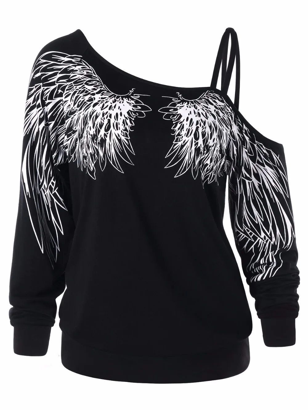 VESTLINDA One Shoulder Wing Print Long Sleeve Top Women Casual T Shirt Ladies Female Black T-Shirt 2018 Fashion Women Clothing 3