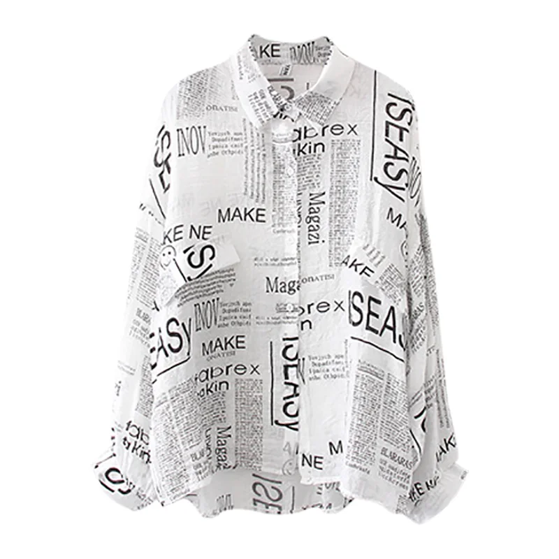 

Vintage Women Fashion Letters Printed Chiffon Shirts Summer Sunscreen Casual Tops Turn Down Collar Long Sleeve Blouse Shirt