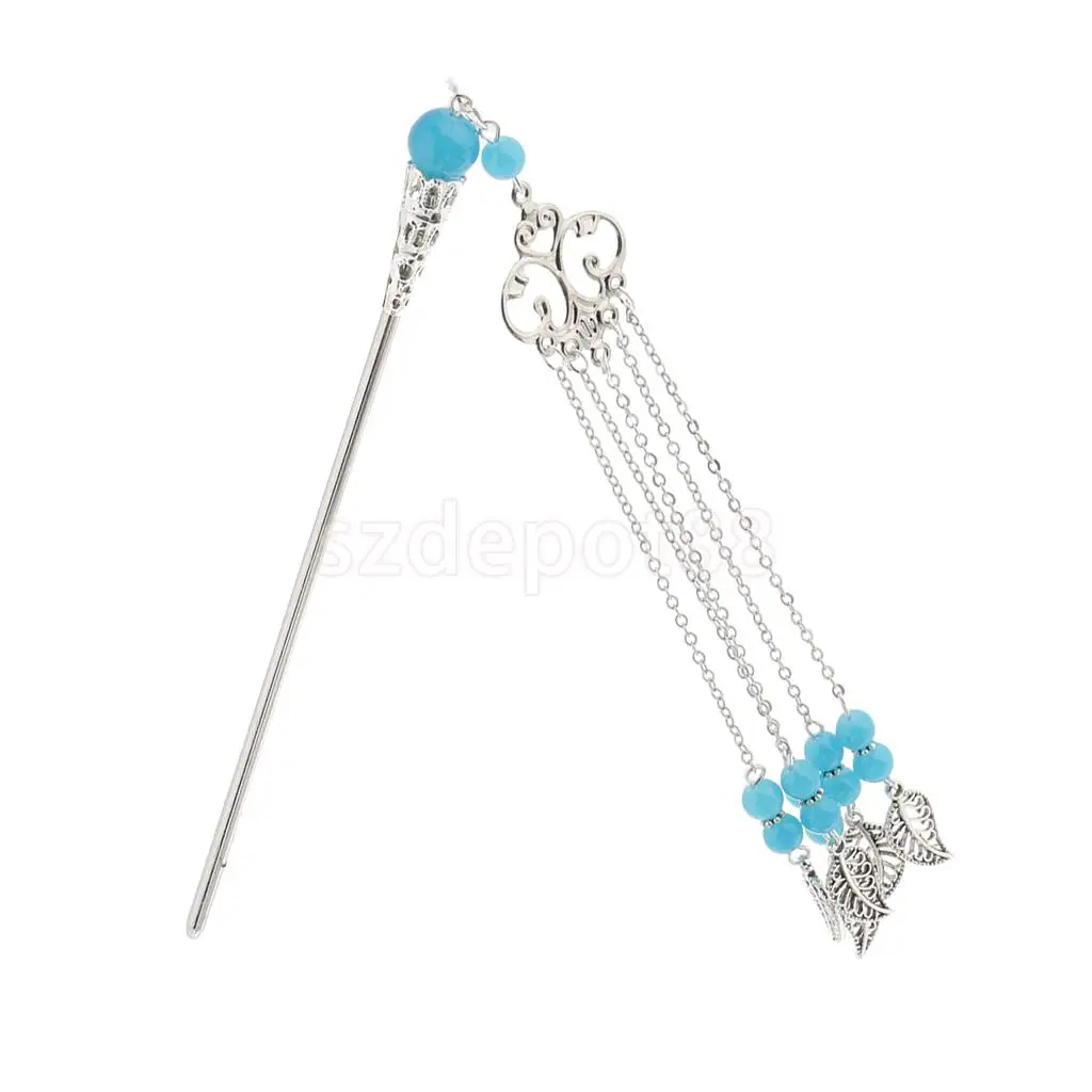 Solid Metal Tasel with Beads Stick Pin Hanfu Dress Ancient Chinese Cosplay Drama Girls Cute Hair Pin