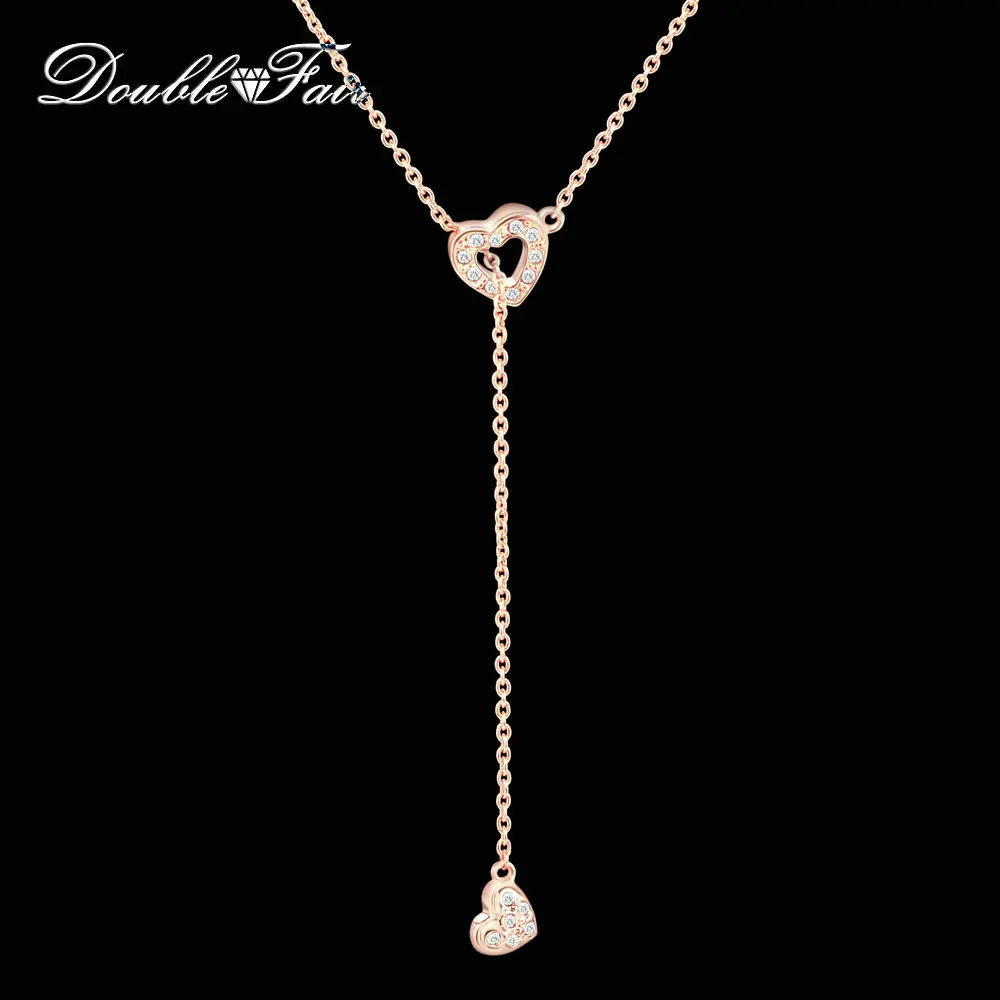 Double Fair Brand OL Style Sweet Heart Cubic Zirconia Necklaces & Pendants Rose Gold Wedding Crystal Jewelry For Women DFN159
