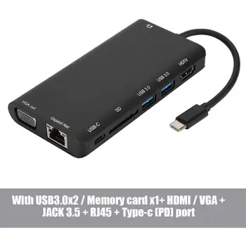 

Portable 8-in-1 Type-C USB 3.0 HDMI 4K VGA RJ45 Adapter Memory Card Reader HUB Black