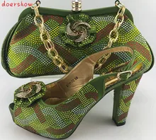 doershow Charming Italian Shoes With Matching Bags Rhinestones,green African Shoes And Bags Set for Wedding Size 38-42 PME1-22