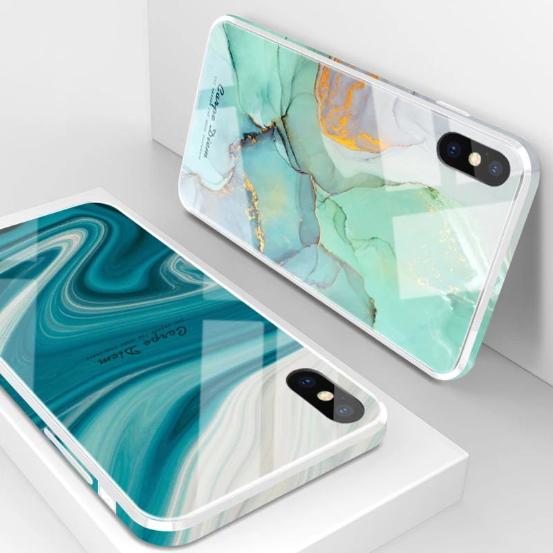 

Marble Phone Cases For iPhone 7 8 6 Plus XS Max XR XS X Cute Fruit Back Cover Tempered Glass Candy Color Luxury Capa