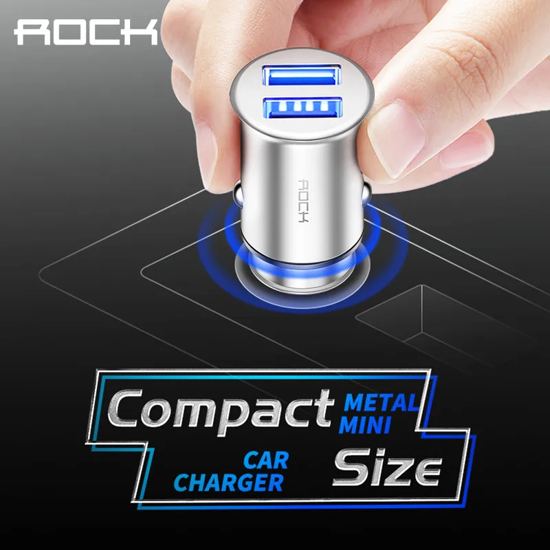 ROCK Mini Dual USB Автомобильное зарядное устройство 5 В 4.8A металлическое автомобильное зарядное устройство Быстрая зарядка Авто Зарядка 2 порта 24 Вт для iPhone X 8 7 6 samsung Xiaomi