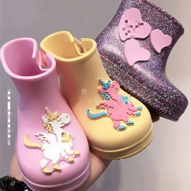 

EMS DHL Mini Melissa Girls Jelly Shoes Baby Boys Girls Rain Boots Unicorn Anti-Skid Warm Fleece Winter Shoes 3 Colors