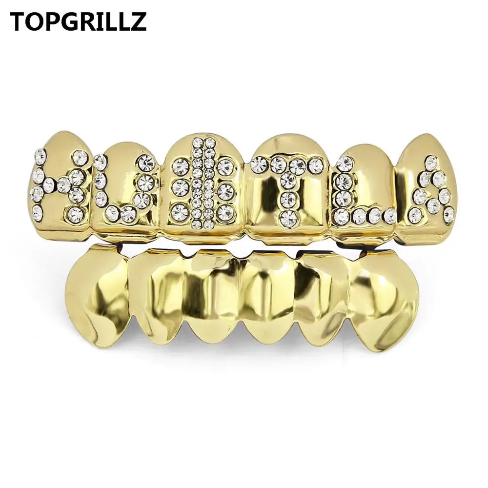 TOPGRILLZ золото цвет покрытием Iced Out письмо CZ камень хип хоп ЗУБЫ для рот GRILLZ шапки Топ и дно грили набор Классический зуб - Окраска металла: top crystals