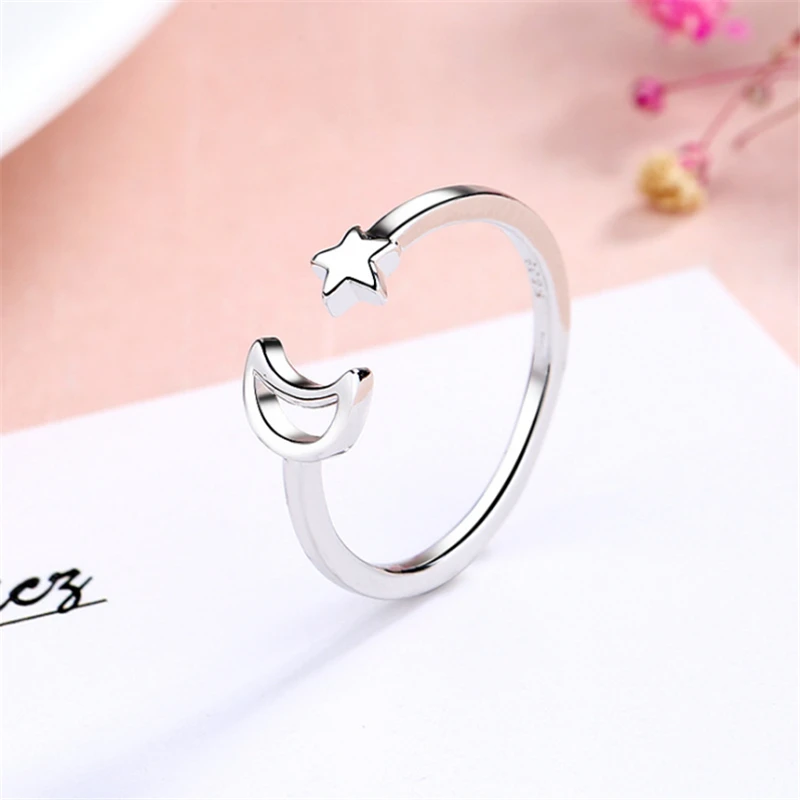 

Wholesale Simple Trendy Moon&Star Adjustable Ring Sterling Silver 925 Women Open Rings Female Anel Feminino Boho Jewellery R271