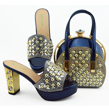 

Latest Wedding African Party Italian Shoes with Matching Bags for Wedding in Dark blue Shoe and Bag Set with Shinning Crystal