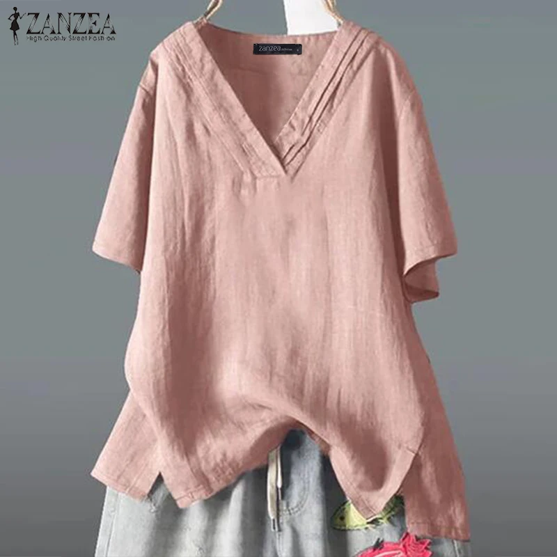 Летняя хлопковая льняная блузка ZANZEA, Женская винтажная рубашка с v-образным вырезом и коротким рукавом, Женская однотонная туника, топы, повседневные блузки Femininas