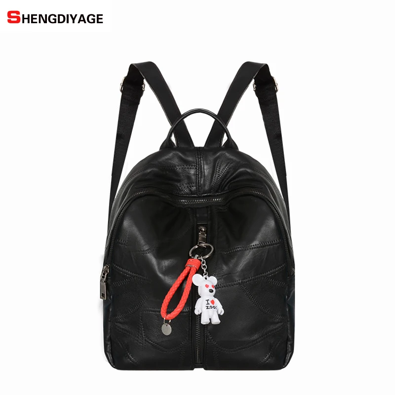 

soft sheepskin Women Backpack Leather Cartoon Pendant Keychain School Backpack For Teenager Girl Mochila Feminina Multifunction
