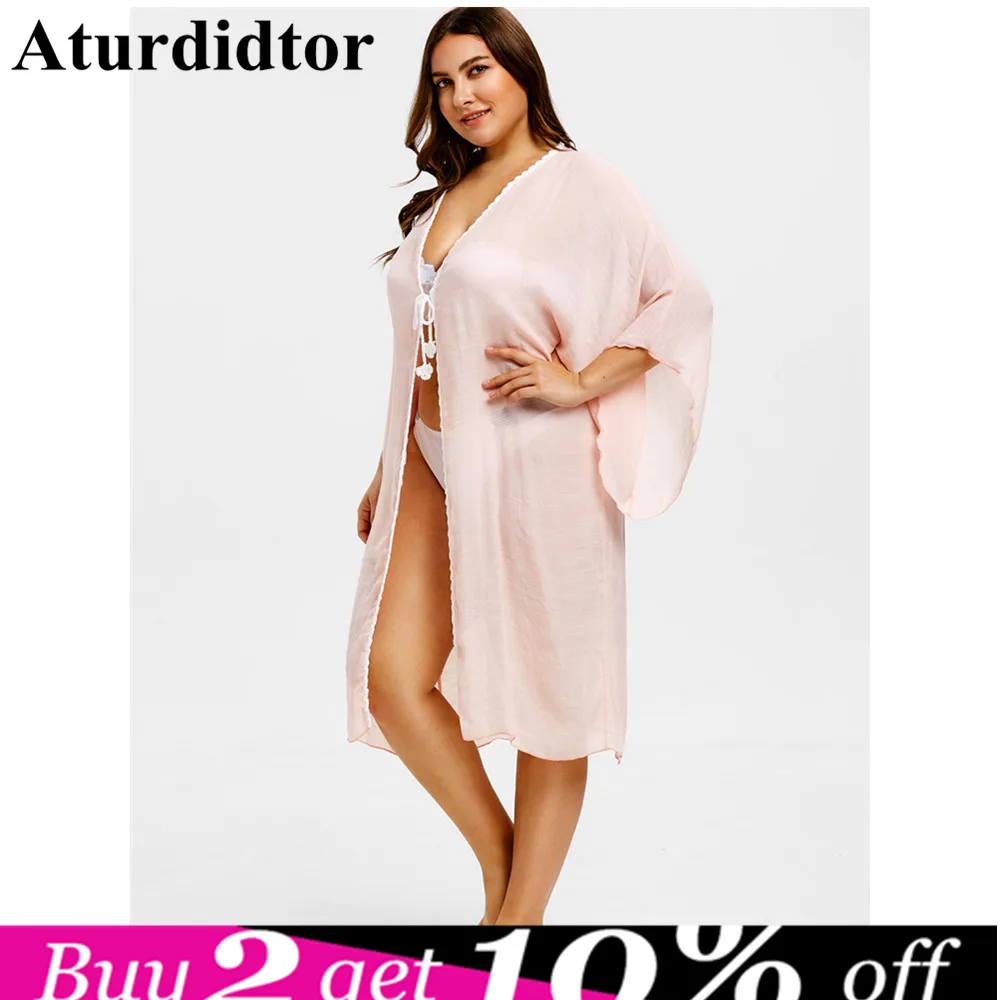 

Plus Size Summer Bikini Ups Long Cover Up Women V Neck Lace Crochet See Through Loose Tops Shirts Beachwear Blusas Femininas