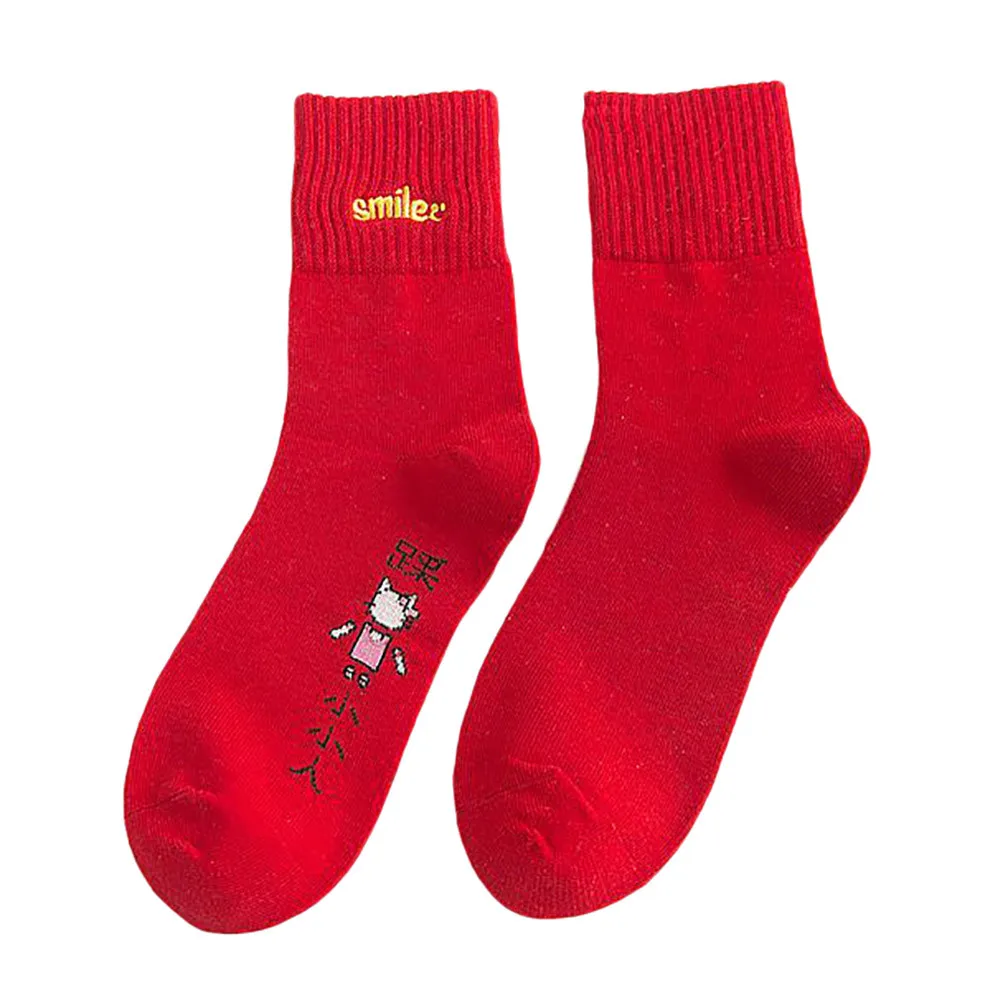 Зимние женские теплые красные хлопковые носки, рождественский подарок, модные красные носки с изображением лося, кота, любви, удачи, Нового года, мужские носки# VD10197