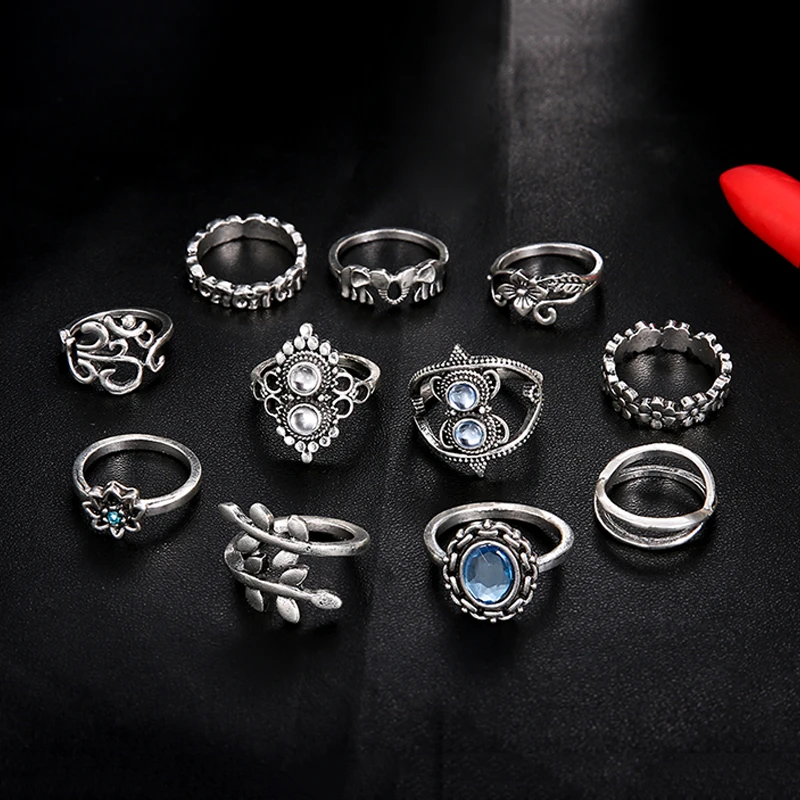 11 pcs/set Bohemian retro elephant flower leaves cross exaggerated gem silver ring set women Wedding Party Jewelry Accessories