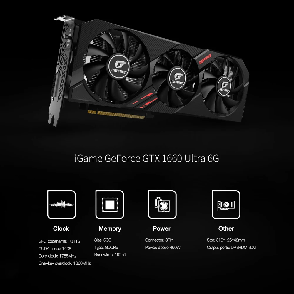 Красочные GeForce GTX 1660 Ultra 6G графическая карта iGame Nvidia GPU GDDR5 1785 МГц видеокарта 192 бит HDMI DVI для игрового ПК