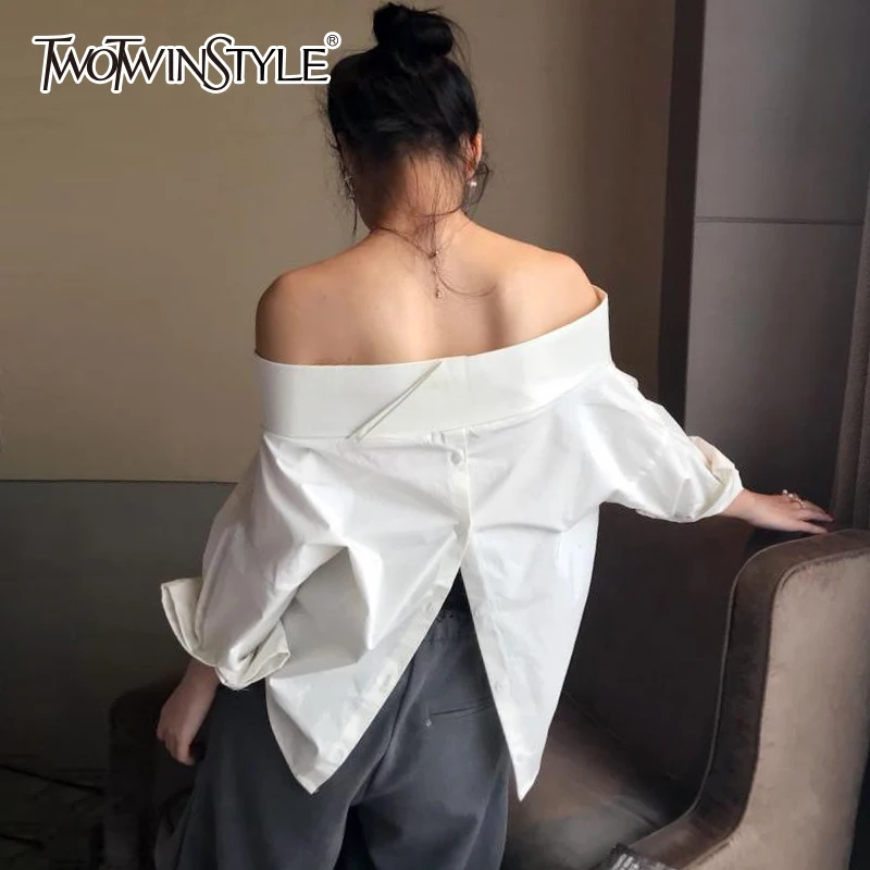 

TWOTWINSTYLE Slash Neck Shirt For Women Off Shoulder Split Lantern Sleeve Sexy Blouse Summer Fashion Female New Tops Clothing