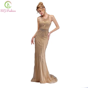 

SSYFashion New Luxury Gold Mermaid Evening Dress High-end Halter Fishtail Sequins Sexy Party Gown Formal Dresses Robe De Soiree
