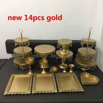 

Gold Wedding Dessert Tray Cake Stand Cupcake Pan Party Supply 14PCS / Set white Lace cake decoration plate Cake dish
