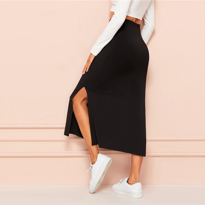 SHEIN Tie Waist Split Side Solid Skirt Black Full Length Knot Spring Autumn Shift High Waist Straight Sexy Skirt