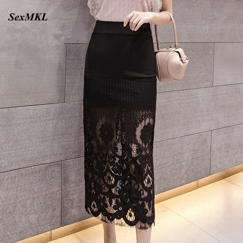 

SEXMKL Plus Size Lace Skirt Women 2019 Streetwear Korean Fashion Long Skirts Stretch Open Split Slim Elegant Back Pencil Skirt