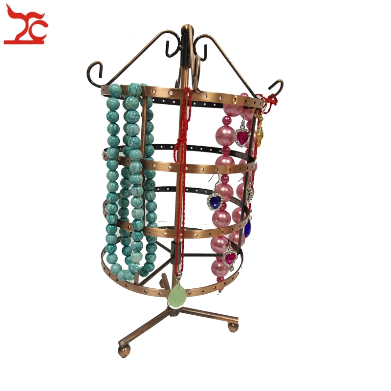 

Multifunctional 144 Holes Bronze Round Earring Stud Necklace Hanger Rack 4 Layer Metal Rotating Earring Display Stand 31CM