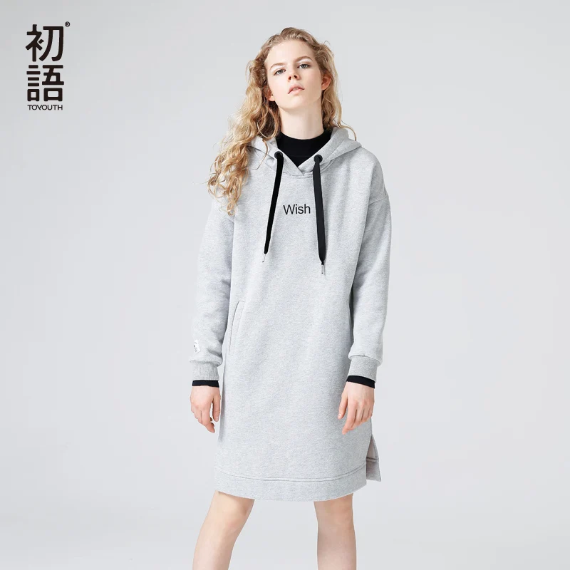  Toyouth Winter Fleece Split Hooded Dress Women Letter Printed Hoodies Dresses Long Sleeve Vestidos 