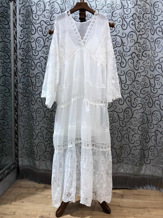 Белое длинное платье Весна Лето Высокое Качество Бренд женское сексуальное с v-образным вырезом изысканная вышивка платье макси с длинным рукавом размера плюс