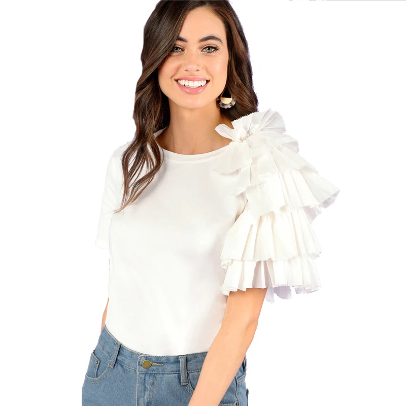 Sheinside Plain White Layered Sleeve Workwear Tops Office Ladies Ruffle Regular Fit Stretch Casual Women Summer T-shirt