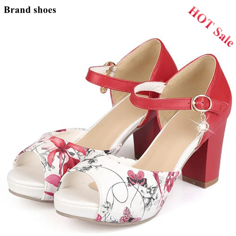 

New Women Sandals Ankle-Strap Peep Toe Chunky High Heel sandals Printing Platform Woman buckle Red Sandals Bridal Shoes Size 42