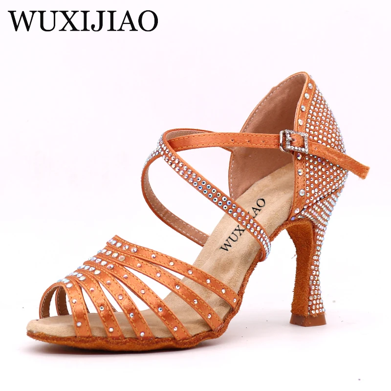 

WUXIJIAO New bronze black satin Latin dance shoes ladies salsa rhinestone shoes dance ladies ballroom dance shoes heel 5cm-10cm