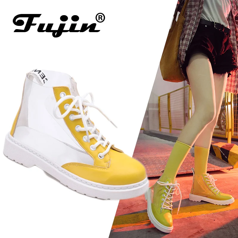 Achat Fujin 2019 Nouvelle Arrivée Transparent Pluie Bottes Femmes Bottillons Imperméables Bottes Chaussures de L eau Gelée Dentelle Jusqu à la Cheville Bottes