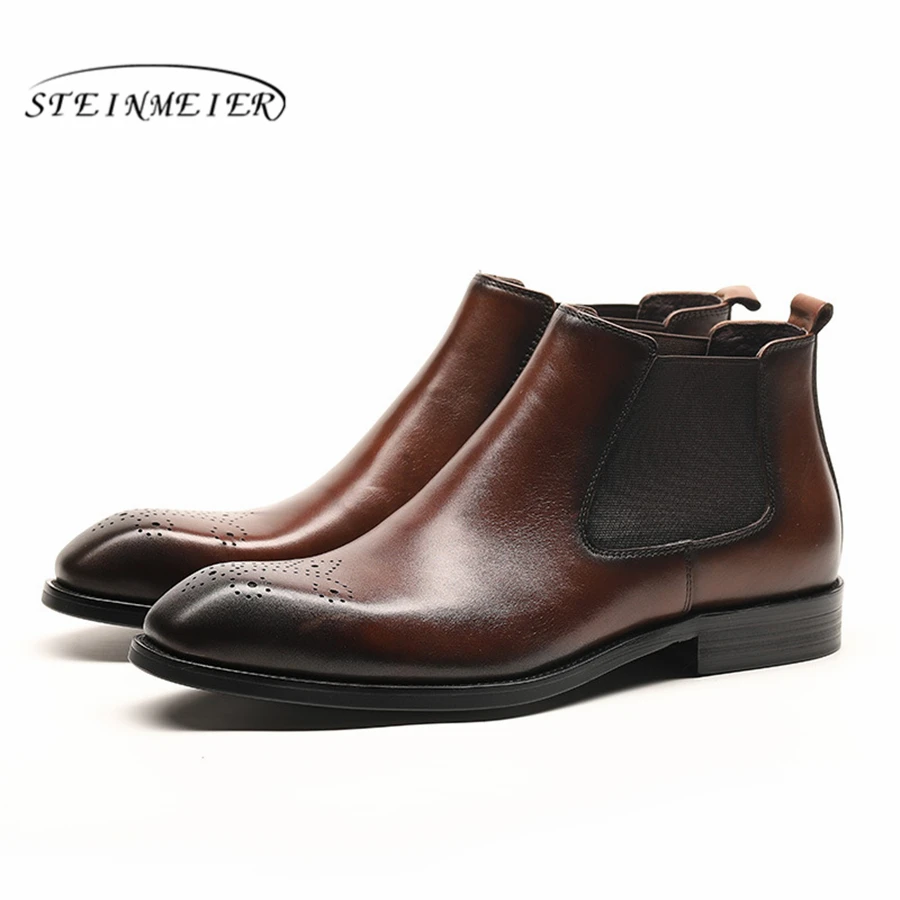 

Men winter Boots Genuine cow leather chelsea boots brogue casual ankle flat shoes Comfortable quality soft 2019 black brown