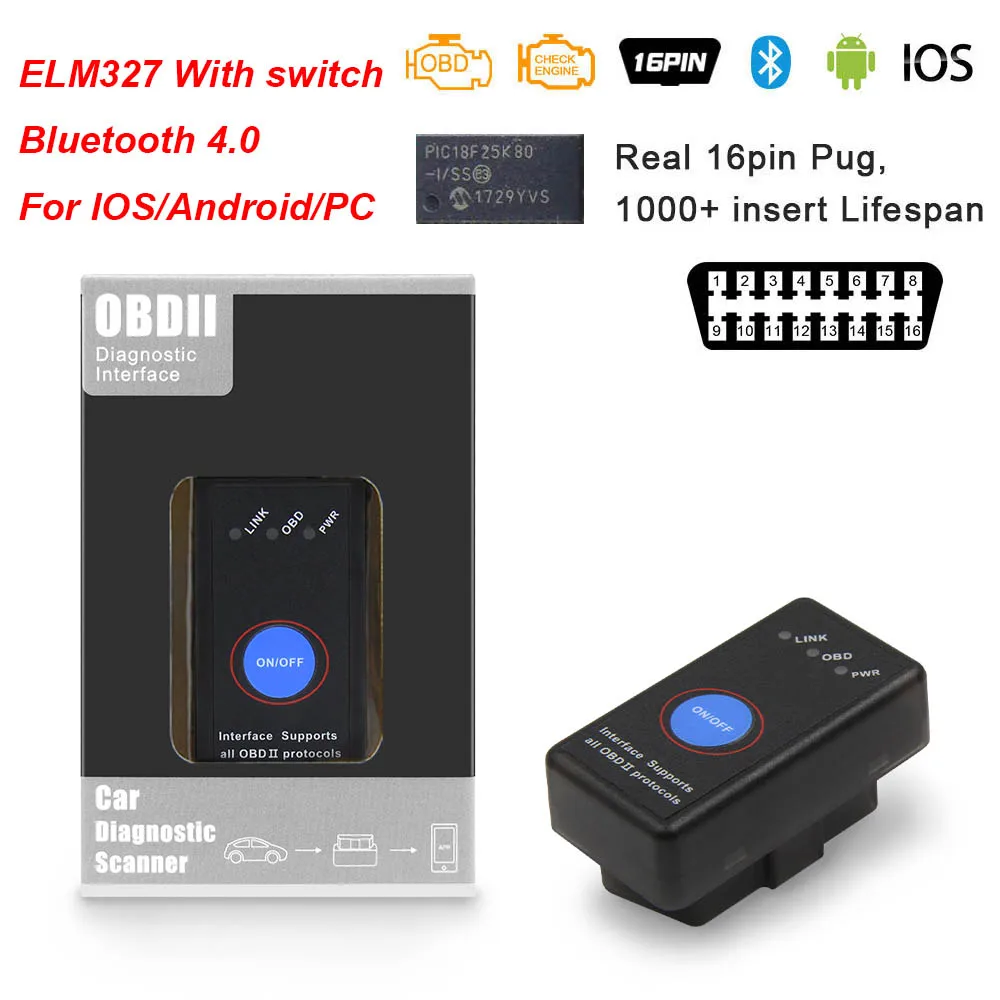 ELM 327 V1.5 PIC18F25K80 чип OBD2 Bluetooth WI-FI USB Поддержка Android/IOS OBD OBD2 автомобильный диагностический сканер elm327 v1.5 - Цвет: Bluetooth 4.0