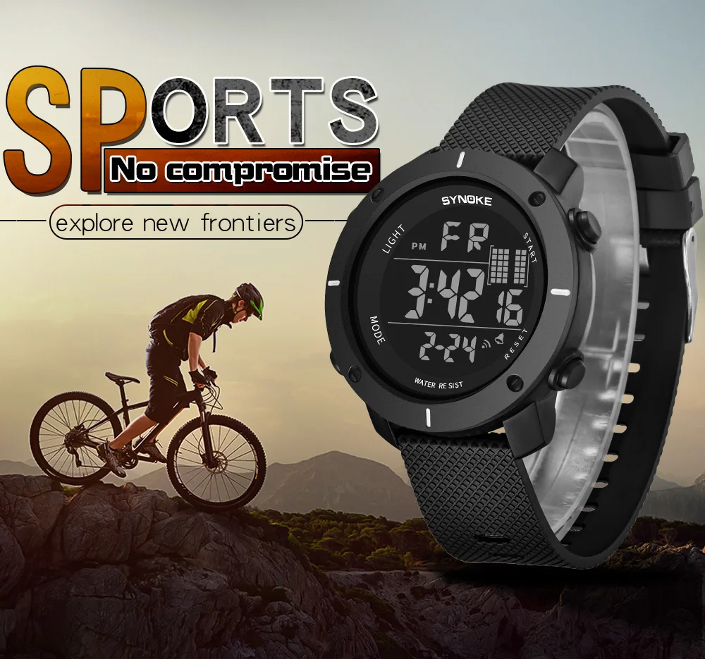 SYNOKE Sports Watch Men Digital Watches Waterproof Fashion Electronic Wristwatches Date Rubber Clock Black Military Watch