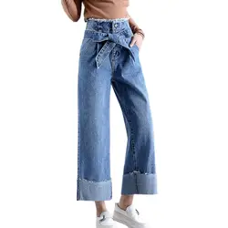 Корейские темно-синие банты повязку заусеница Высокая талия джинсы женские винтажные широкие брюки манжеты женские джинсовые прямые