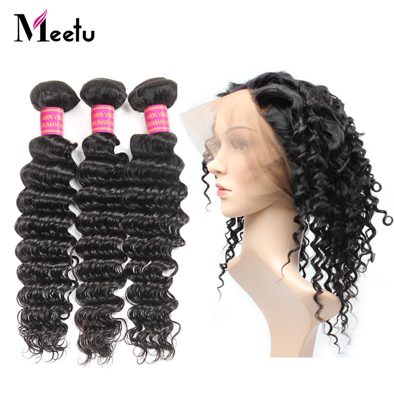 

Meetu Indian Deep Wave Bundles with 360 Lace Frontal with Bundle 100% Human Hair Bundles with Frontal 2 Bundles with Frontal