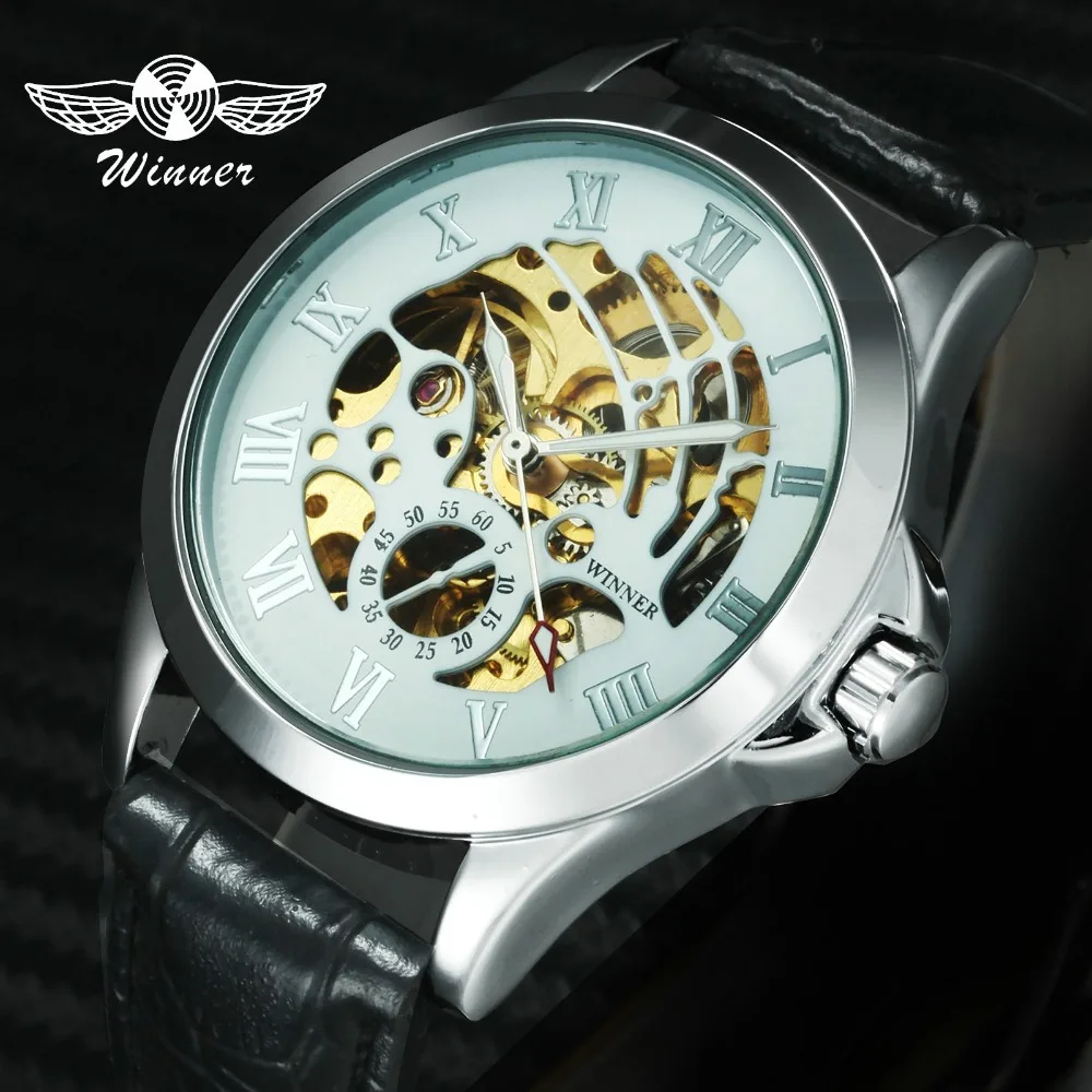 

WINNER Fashion Casual Men Automatic Mechanical Watch Leather Strap Skeleton Dial Roman Number Concise Fashion Design Wristwatch