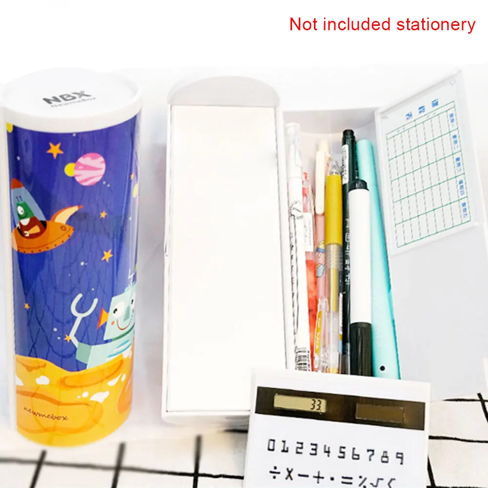 

Whiteboard School Student Pencil Case Cartoon Double-deck Magnetic Switch Multifunctional Solar Calculator ABS Pen Box Mirror