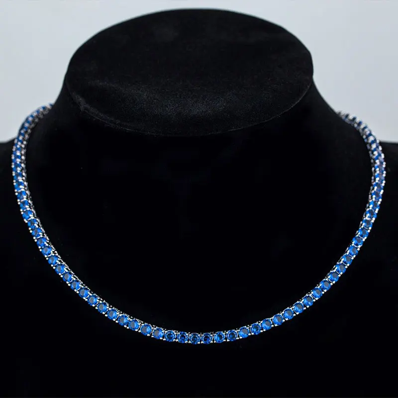 Blue Tennis Necklaces Round CZ Cubic Zircoina 3 Prong Setting Women