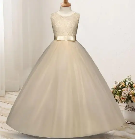 Новое кружевное платье принцессы; детское платье с цветочной вышивкой для девочек; винтажные Детские платья для свадебной вечеринки; торжественное бальное платье - Цвет: Beige