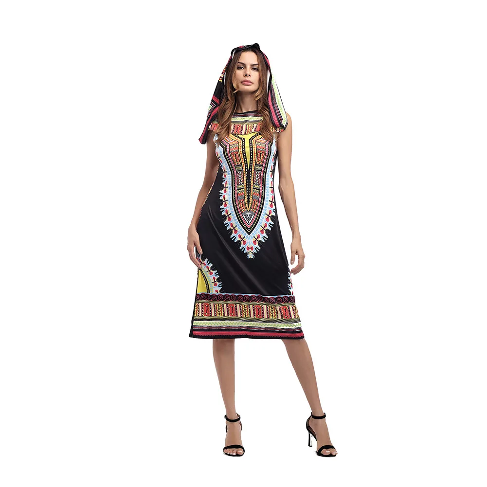 2018 Women Dress Suits Printed Geometric Hooded sleeveless summer printing hooded skirt female fashion national style Dress