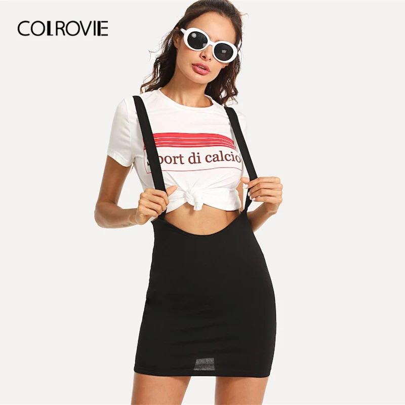 

COLROVIE Black Solid Slim Fit Bodycon High Waist Strap Skirt 2018 Autumn Female Sexy Skirt Fall Streetwear Mini Women Skirt