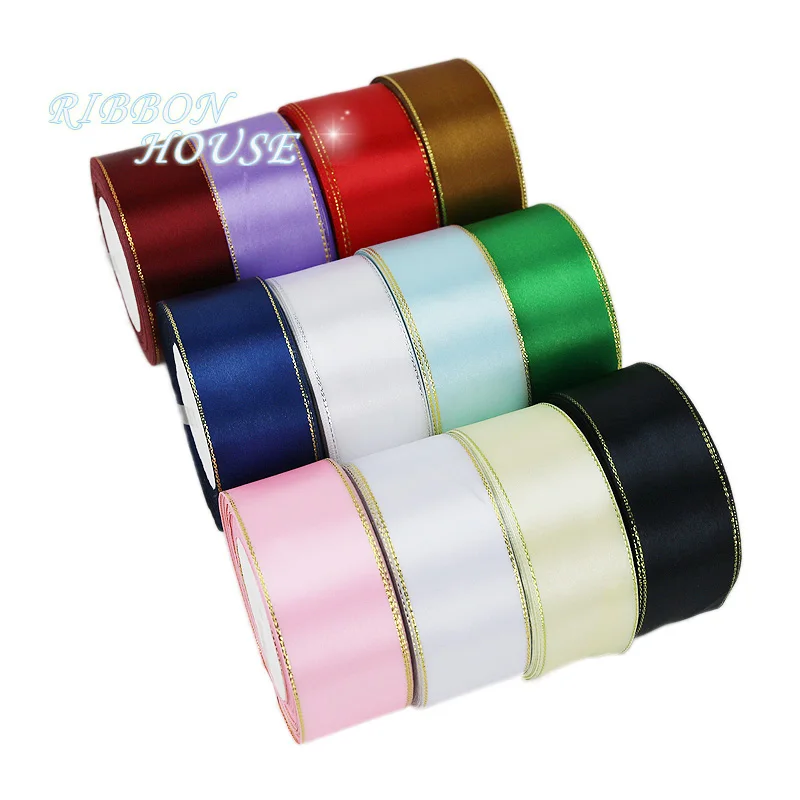 

(25 yards/lot) 38mm colour Satin ribbon gold edge wholesale high quality gift packaging ribbons