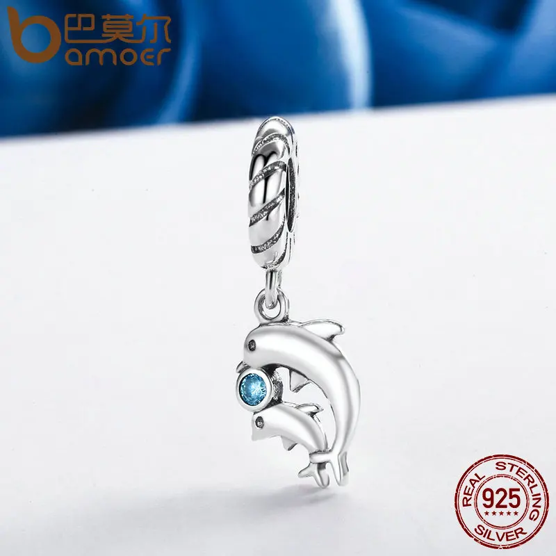 BAMOER Authentic 100% 925 Sterling Silver Dolphins Story with Clear CZ Charms fit Bracelet & Necklaces Women Jewelry SCC264