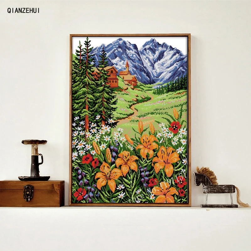 

QIANZEHUI,Needlework,DIY Snow Mountain in spring Cross stitch,Sets For Embroidery kits Landscape series Cross-Stitching