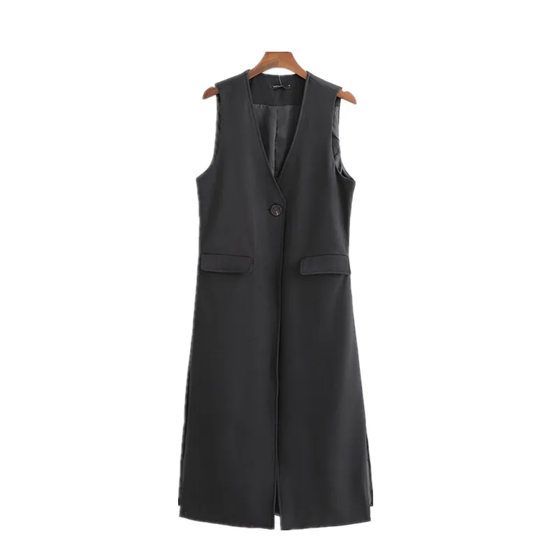 

Women Long Vests Black Sleeveless Coat Jacket Split V Neck Button Double Pocket Vintage Elegant Without Sleeves Coat
