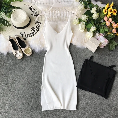 Новые модные женские платья весеннее темпераментное тонкое вязаное платье на бретелях - Цвет: Белый