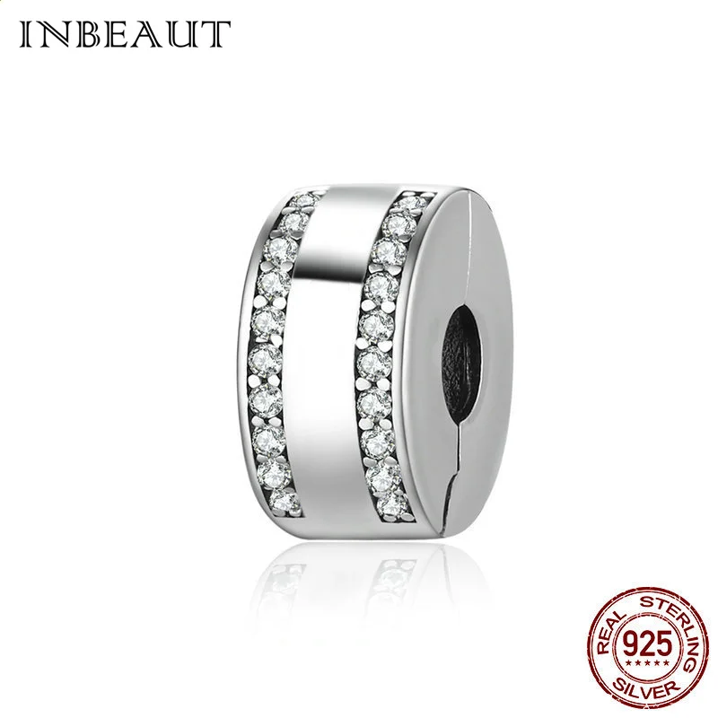 

INBEUAT 100% Real 925 Sterling Silver Split Double Loop Insert Cubic Zirconia Buckle Beads Chain Charm fit Pandora Bracelet Gift